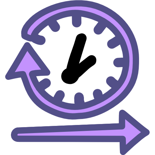 an image with dark line art shows a circle shaped purple arrow with ticks all the way around the inside. In the center are two black lines serving as clock hands. There is a purple arrow under the circle that gets wider as it travels from left to right. 